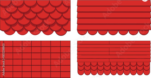 Flat vector illustration set of red clay roof tile patterns featuring various shingle shapes for architectural house construction and building exterior designs.