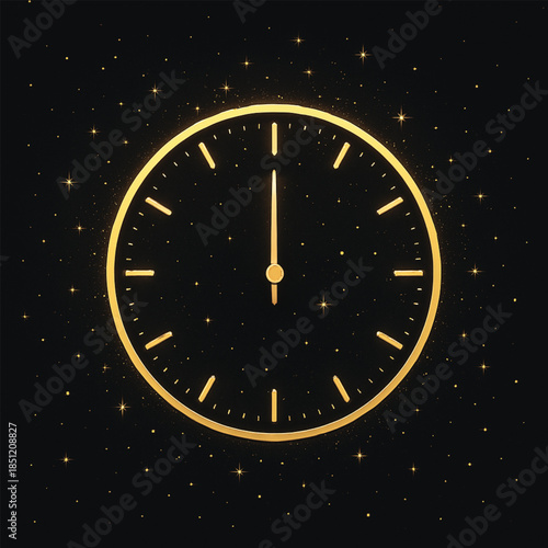 Luxury gold clock silhouette with sparkling particles in vector style
