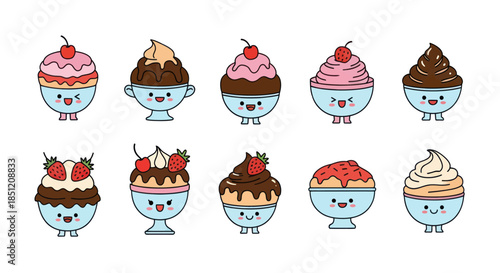 Colorful cartoon ice cream sundaes with cheerful expressions vector illustration