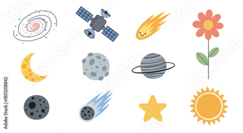 Colorful cartoon illustrations of celestial objects and elements isolated