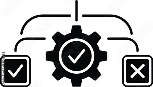 Project management workflow icon with gear and checkmark symbols, cad drawing flat vector illustration for business process, quality control and task optimization