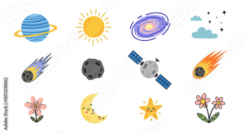Colorful cartoon illustrations of space elements like planets sun and stars