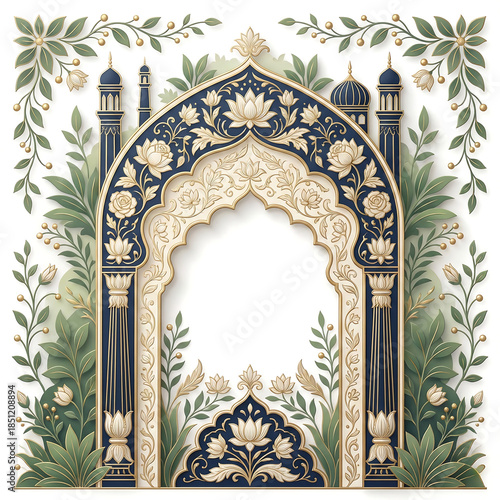 Decorative Archway with Lotus Motifs and Lush Greenery architecture blue isolated on a transparent background