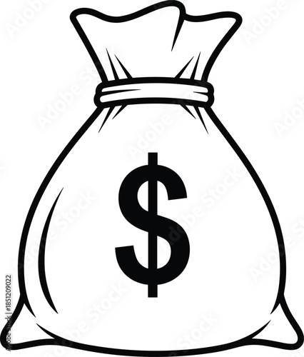 Large money bag with dollar sign icon in outline style, cad drawing flat vector illustration for cash, wealth, banking, savings and investment