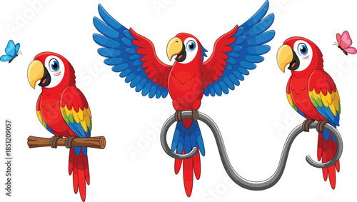 Cute vector illustration set of red macaw parrots in various poses including flying and perching on branches for tropical bird nature designs.