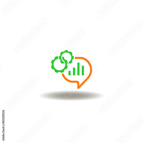 Vector illustration of speech bubble with chart and gear wheels. Symbol of enginering financial tool.