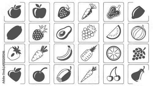 Grid of various fruits and vegetables icons including apples carrots strawberries and bananas Keywords: fruits