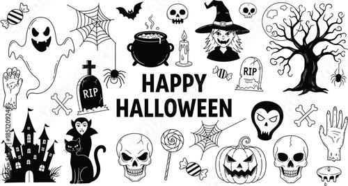 Hand Drawn Happy Halloween Icon Set Featuring Spooky Ghost Haunted House Witch Pumpkin Skulls Vampire Bat and Cemetery Symbols in Doodle Style