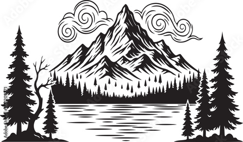 Vintage mountain landscape illustration with pine trees and a serene lake scene