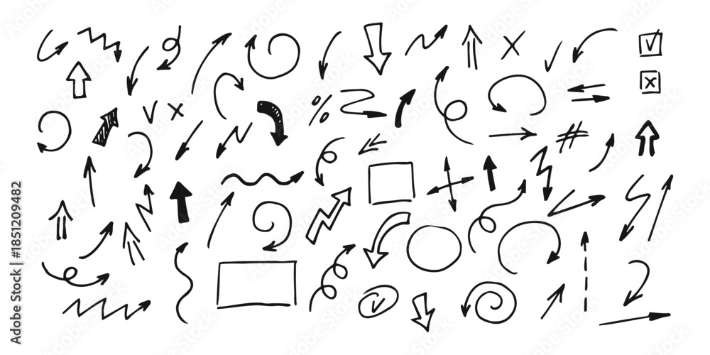 Naklejka premium A collection of various hand drawn symbols arrows and mathematical notation marks