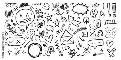 A collection of simple hand drawn doodles and emoticon faces on a white background creating a playful visual expression