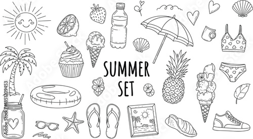 Hand Drawn Summer Vacation Icon Set Featuring Tropical Palm Tree Ice Cream Beach Umbrella Pineapple Sunglasses and Sun Doodle Illustrations for Seasonal Design