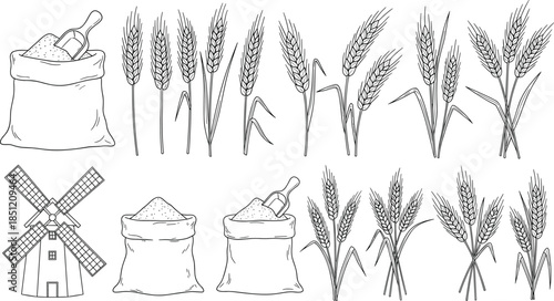 Hand Drawn Agriculture Icon Set Featuring Wheat Ears Flour Sacks With Scoops and Traditional Windmill for Bakery Branding and Farming Graphics