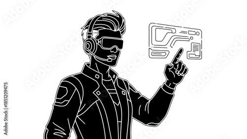 Man wearing vr headset interacting with holographic display, futuristic technology concept.