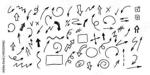 A collection of various hand drawn symbols arrows and mathematical notation marks