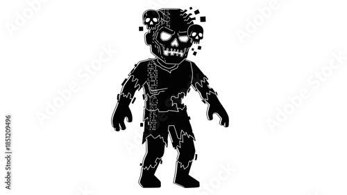 Creepy cartoon zombie with skull eyes and pixelated glitches, isolated on white