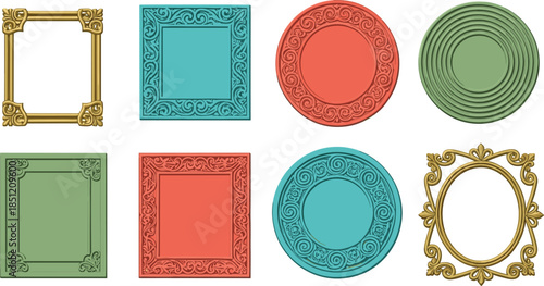 Collection of ornate vintage picture frames and decorative borders in gold teal and coral colors for luxury wedding invitations classical art and elegant photography design