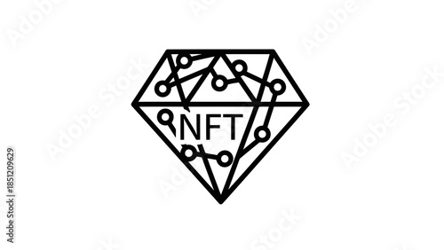 Digital nft diamond with network connections, blockchain technology concept icon