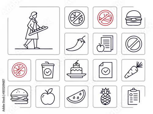 Healthy and unhealthy food choices icons with prohibition signs and person diet nutrition