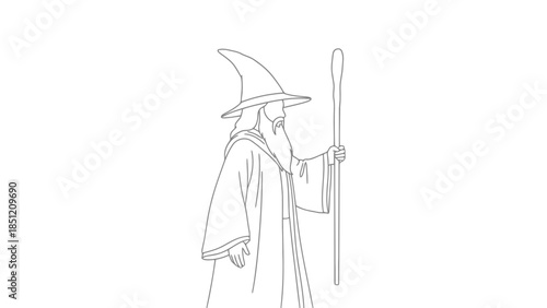 Wizard with pointed hat and staff, line art illustration, fantasy character