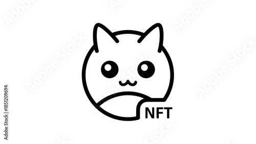 Cute cartoon cat head icon with nft text, isolated vector illustration, modern graphic