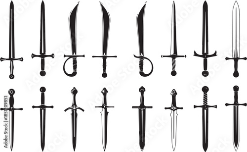 Collection of black and white medieval swords and daggers
