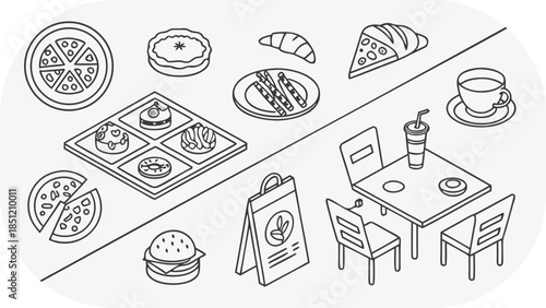 Isometric line art icons of food and cafe elements on a light grey background coffee saucer