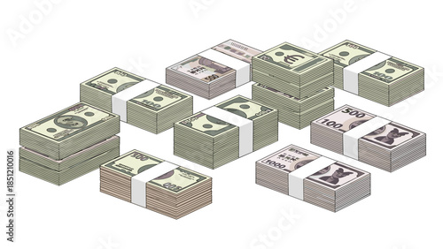 Detailed isometric illustration showcasing multiple stacks of international currency, including USD, Euro, and Yen banknotes, representing global finance.