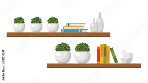 Two modern wooden floating shelves adorned with potted green plants, stacks of colorful books, and minimalist decorative objects.