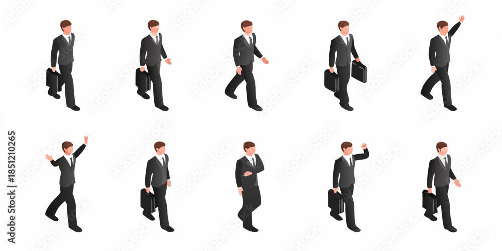 Fototapeta premium Isometric businessmen walking in different poses with briefcases a visual sequence