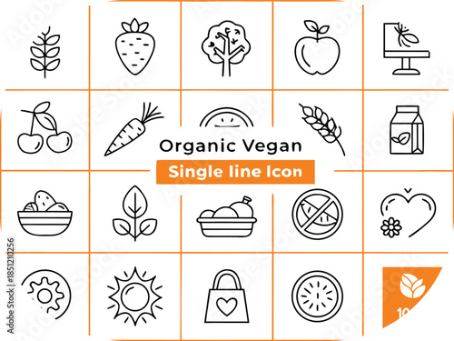 Organic vegan single line icons of fruits vegetables and nature elements food