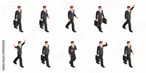 Isometric businessmen walking in different poses with briefcases a visual sequence