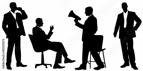 Businessmen in silhouette communicating presenting and listening in a corporate setting