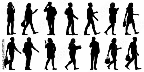 Silhouettes of people in various everyday poses and activities are displayed
