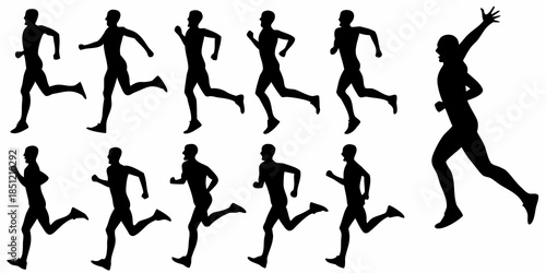 Silhouettes of people in motion showcasing various running and walking poses