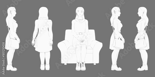 A series of female character designs in various poses and a chair