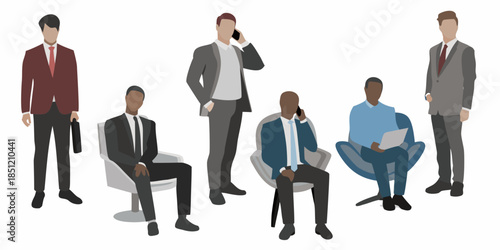 A group of diverse business professionals in formal attire are shown