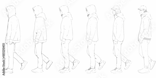 Line art illustrations of hooded figures in various walking or standing poses