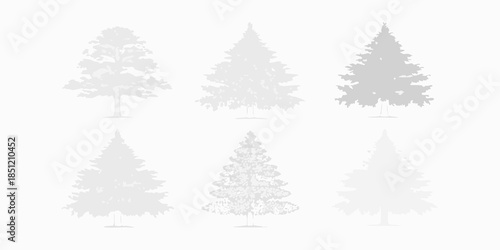 A collection of grayscale pine tree silhouettes on a white background