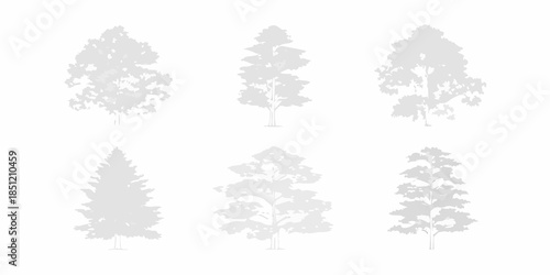 A collection of gray silhouette trees representing various shapes and species