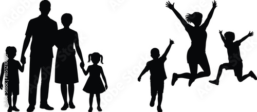 Black silhouette set of happy family with children standing together and jumping for joy, parents and kids celebrating love outdoors