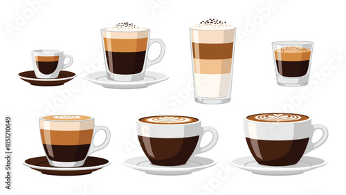Extensive collection of various coffee beverages, including espresso, latte, macchiato, and cappuccino, served in cups and glasses.