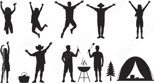 Black silhouette set of happy people camping, jumping for joy, grilling food, and relaxing by a tent in nature outdoors