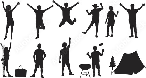 Black silhouette set of happy people camping jumping with joy grilling food and relaxing by a tent in nature outdoors