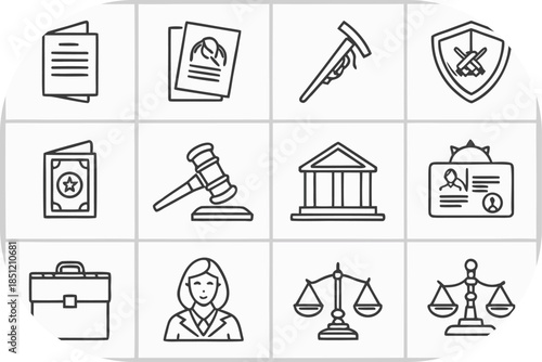 Set of legal and business icons in a grid format with a white background Keywords: law, legal, justice, court, judge