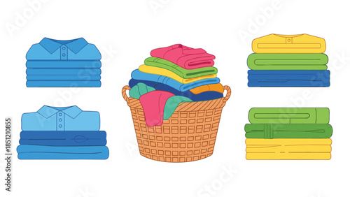 Various stacks of neatly folded colorful clothes and a wicker laundry basket overflowing with fresh wash, on white.