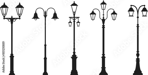 Black silhouette set of vintage street lamp posts, classic outdoor wrought iron lantern lights for park, garden, and urban decor