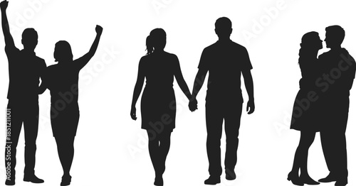 Couple silhouette, romantic pose, walking pair, love gesture, intimate moment, black figures, vector art, relationship concept, human connection, graphic