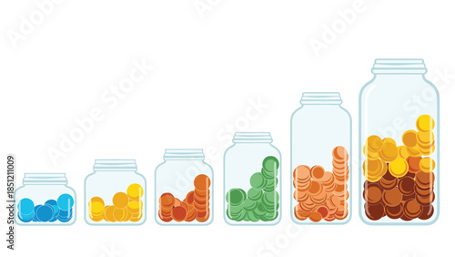 Six progressively larger glass jars filled with various colored coins, illustrating the concept of increasing savings and financial growth.