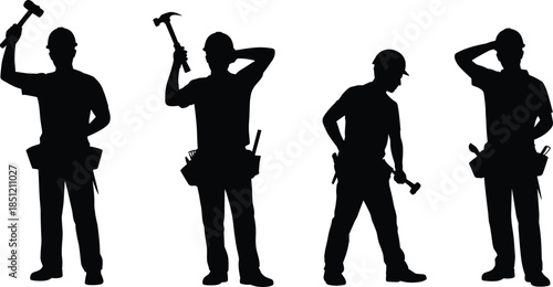Construction Worker Silhouette Set Holding Hammer and Tools Wearing Hard Hat and Tool Belt for Building Site Professional Industry Illustration